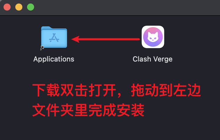 把 Clash Verge 拖入 Applications 文件夹完成安装