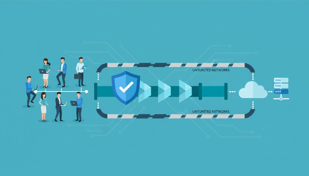 小企业 VPN 远程团队经安全隧道连接云端与服务器的示意图